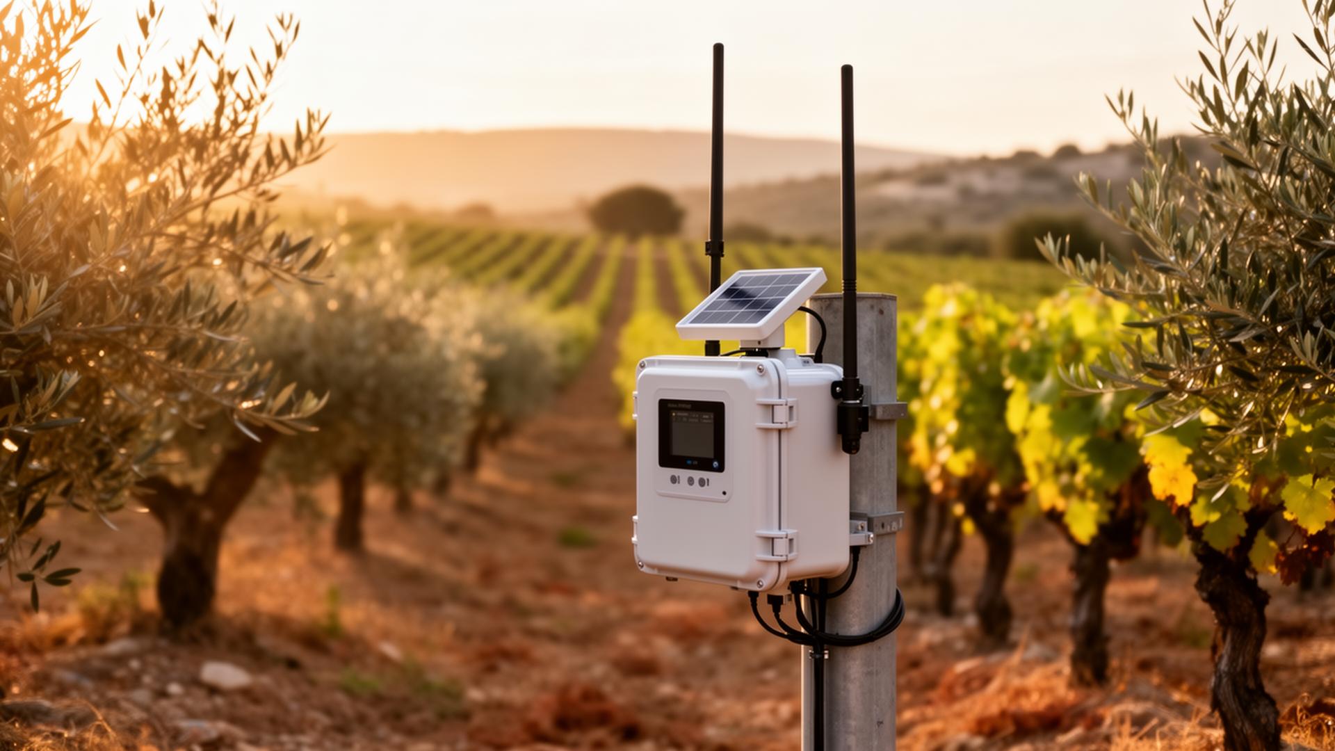 AgriPulse solar-powered field device installed in a Mediterranean vineyard
